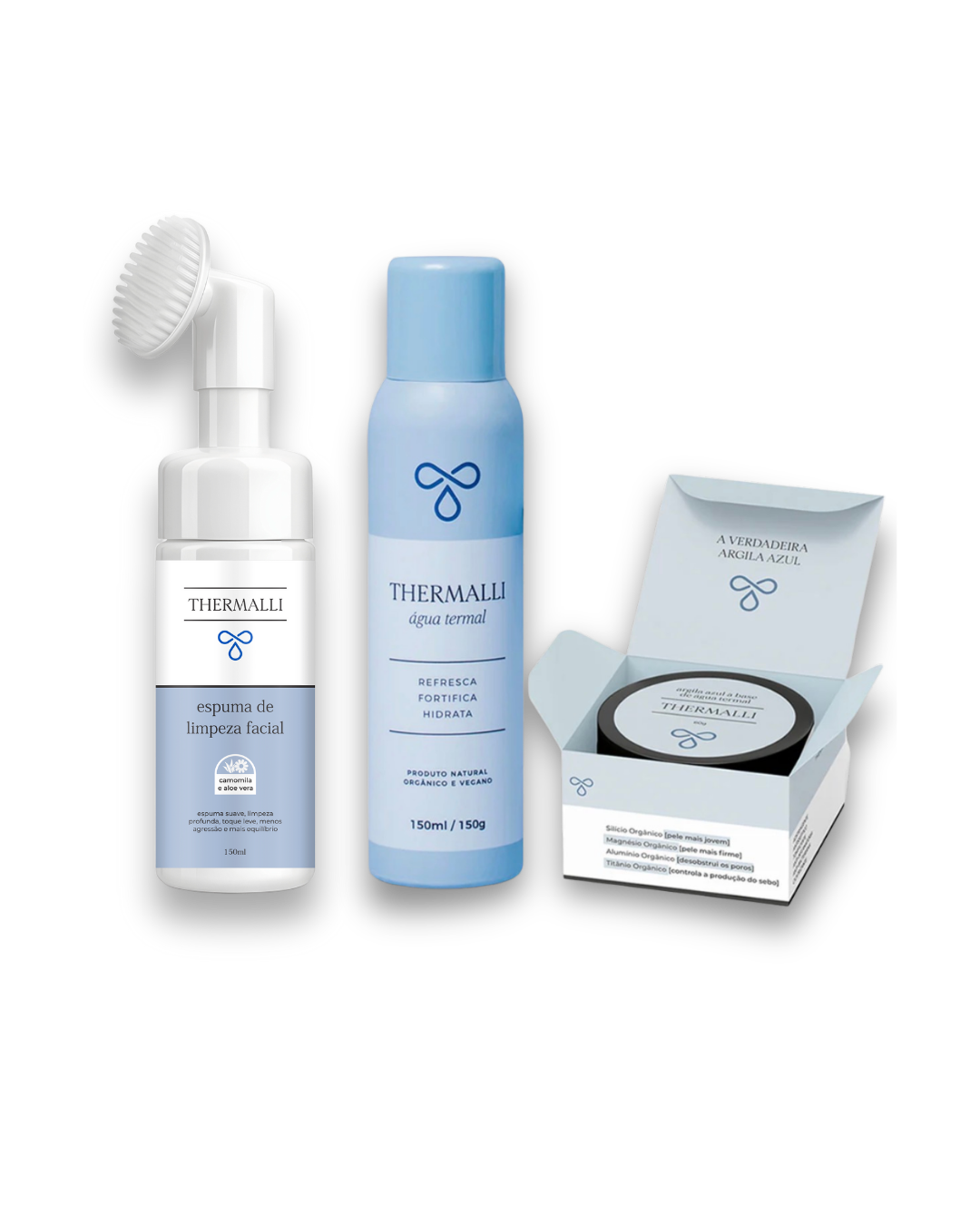 Kit Pele dos Sonhos Thermalli - 1 água thermal 150ml + 1 argila azul 60g + Espuma de limpeza facial 150ml